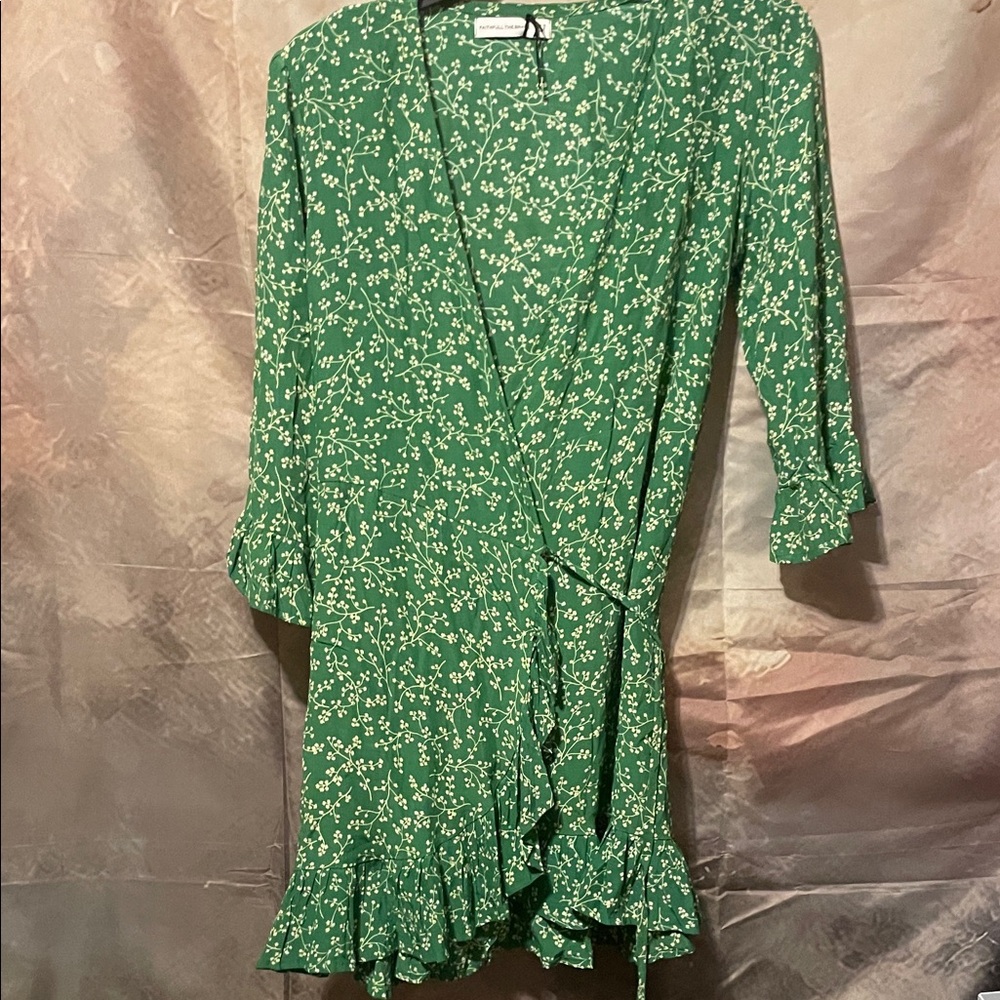 Faithfull the Brand Green Mini Wrap Dress with White Floral Print
